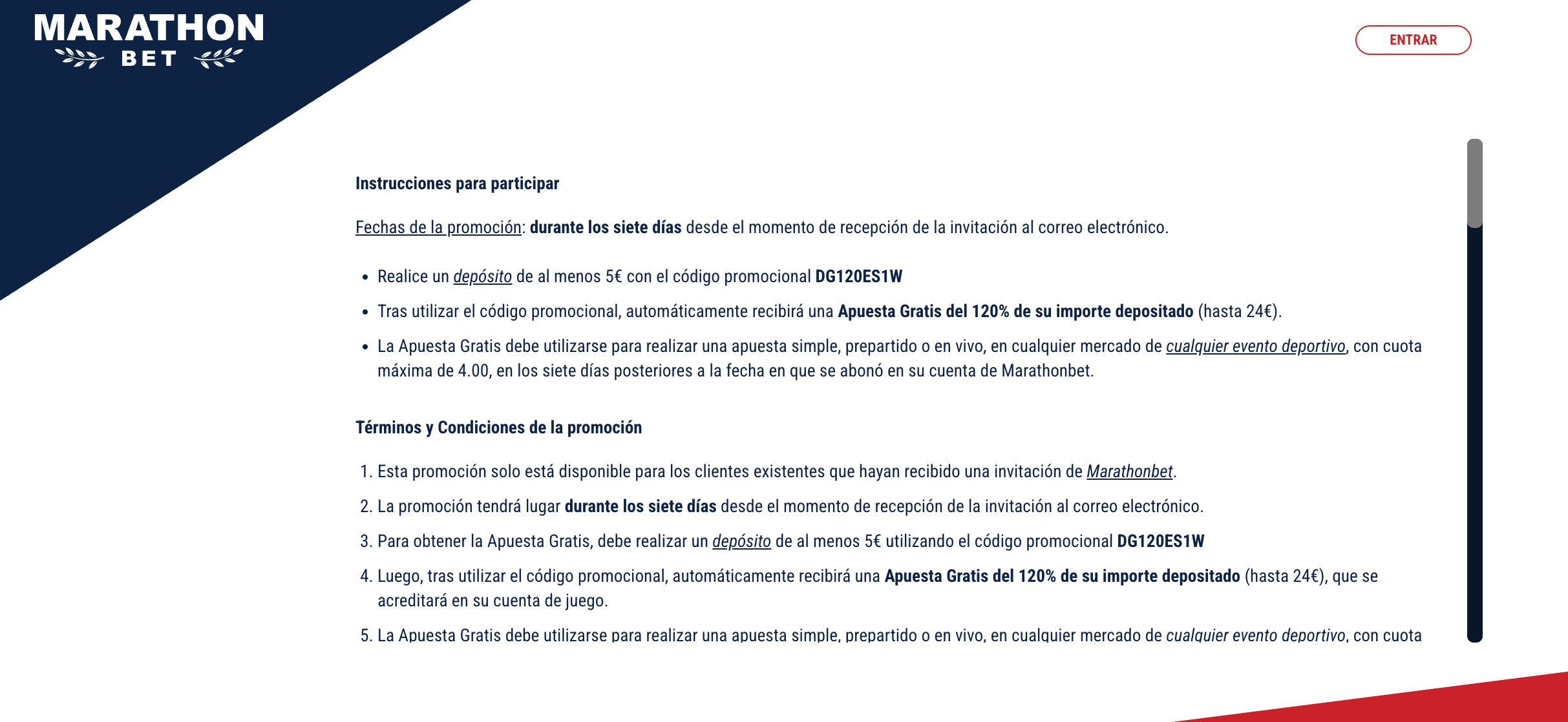 Captura de pantalla de Marathonbet mostrando opciones de bono